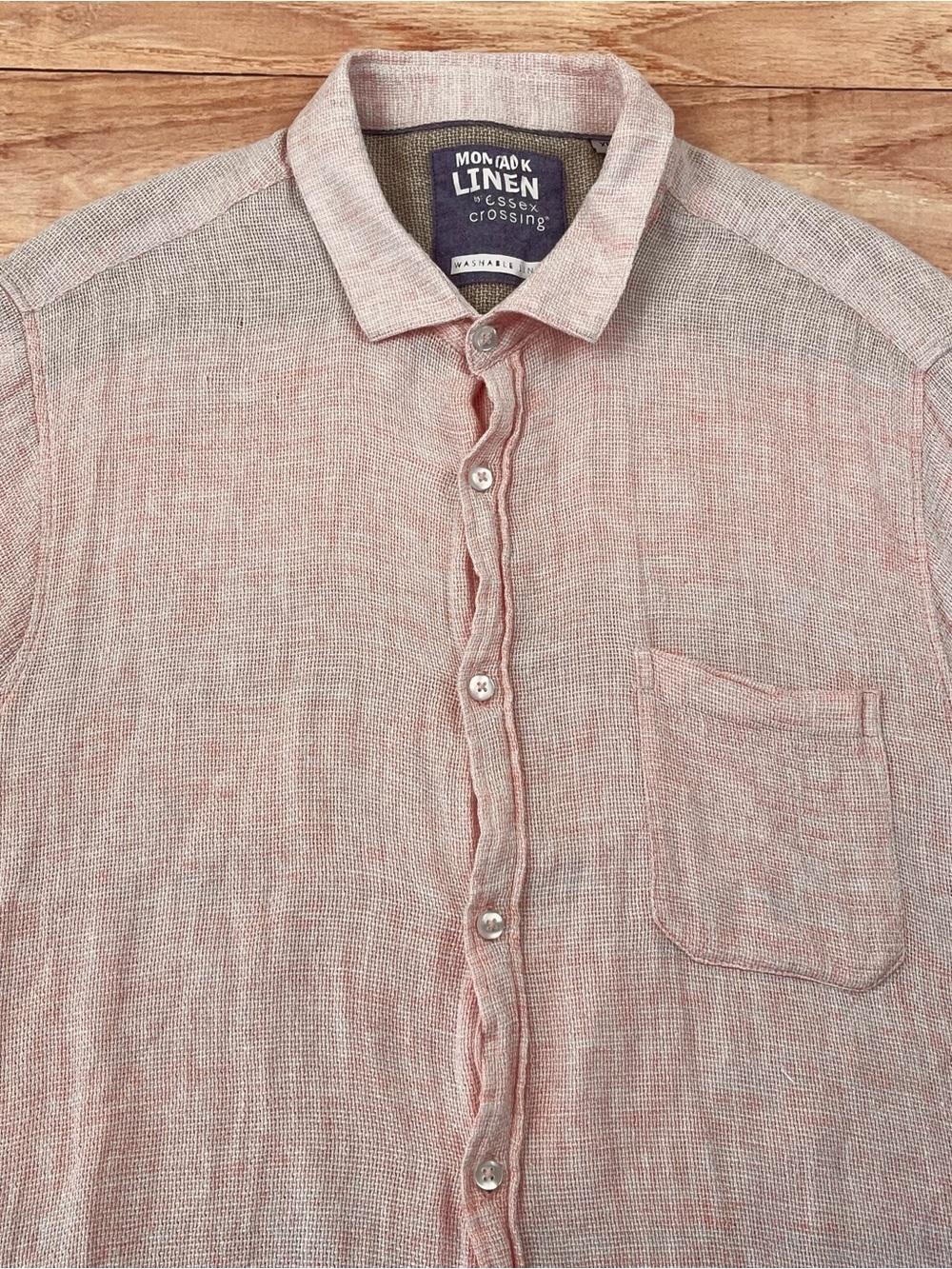 Montauk Linen Essex Crossing Mens XL Shirt Pink Woven Pocket Button Short Sleeve - Picture 3 of 10